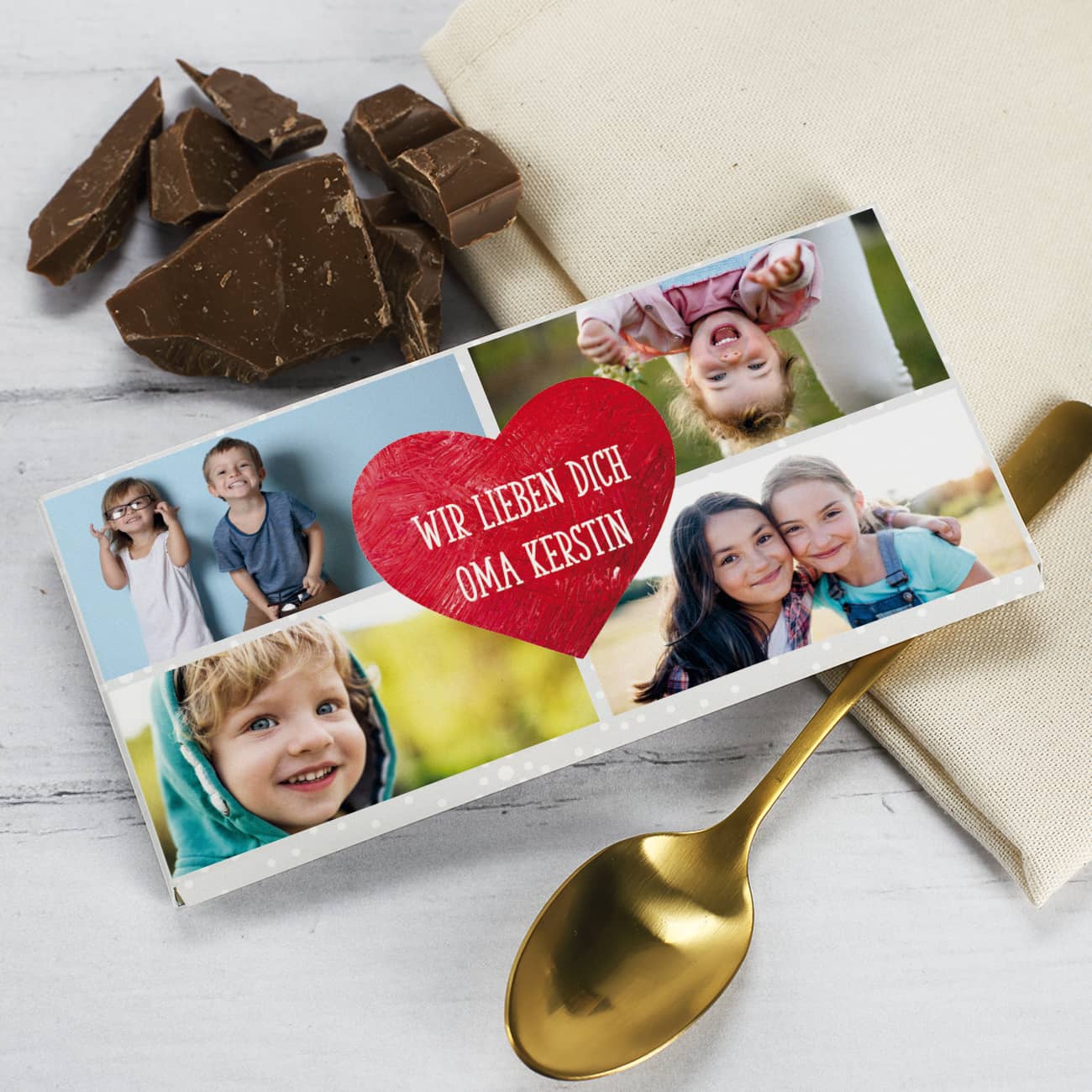 Schokolade von Herzen - mit vier Fotos und Wunschtext