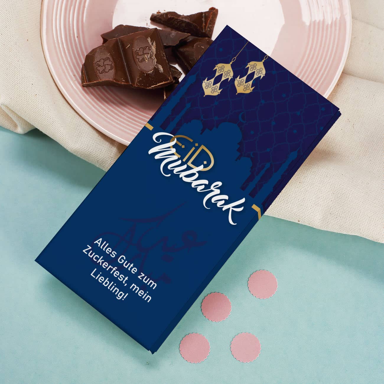 100g Schokolade zum Zuckerfest in Dunkelblau mit Ihrem Text