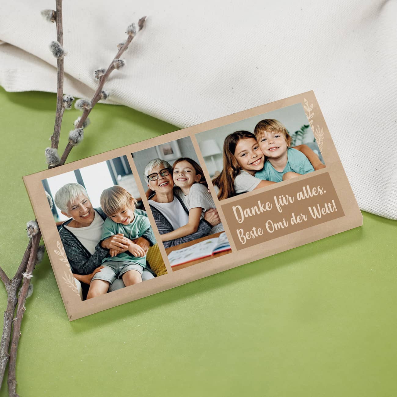 Foto Schokolade für Moa mit 3 Bildern und zwei Zeilen Wunschtext