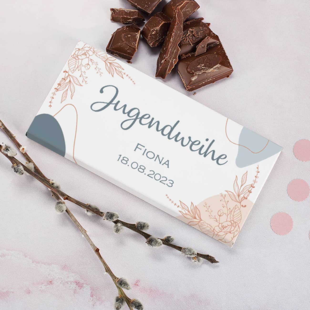 100g Schokolade zur Jugendweihe mit Name und Datum der Feier