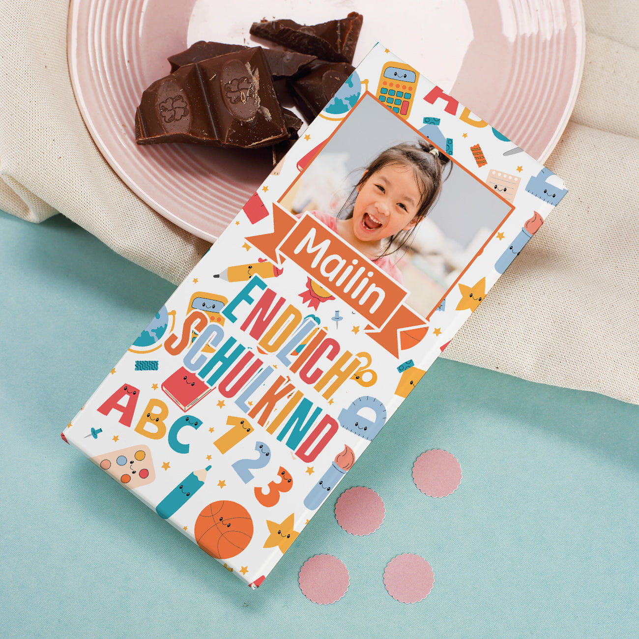 Endlich Schulkind - Schokolade zur Einschulung personalisierbar mit Foto und Wunschname