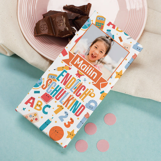 Endlich Schulkind - Schokolade zur Einschulung personalisierbar mit Foto und Wunschname