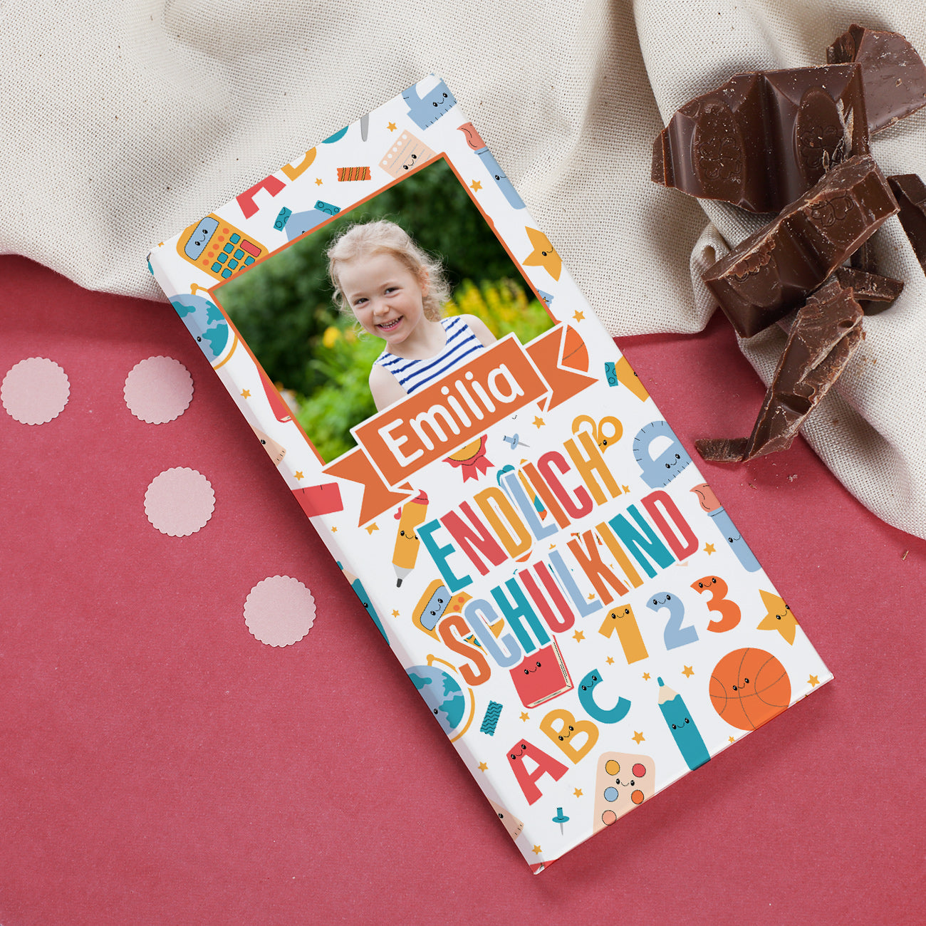 Endlich Schulkind - Schokolade zur Einschulung personalisierbar mit Foto und Wunschname