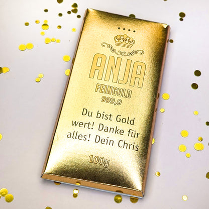 Schokolade mit Goldbarren-Verpackung und Personalisierung