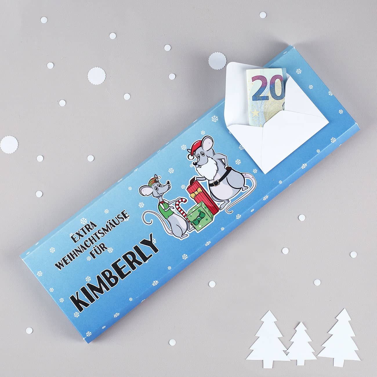 300g Vollmilchschokolade mit Weihnachtsmäusen und Ihrem Wunschnamen gestaltet