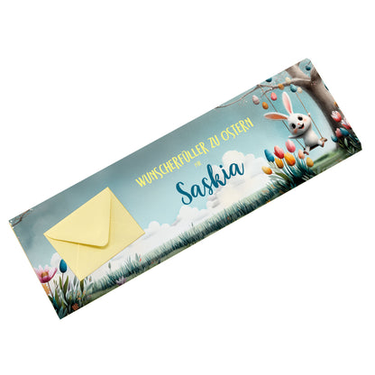 Personalisierte Osterschokolade mit Name Saskia, leerer Umschlag für Geldgeschenk im Osterdesign