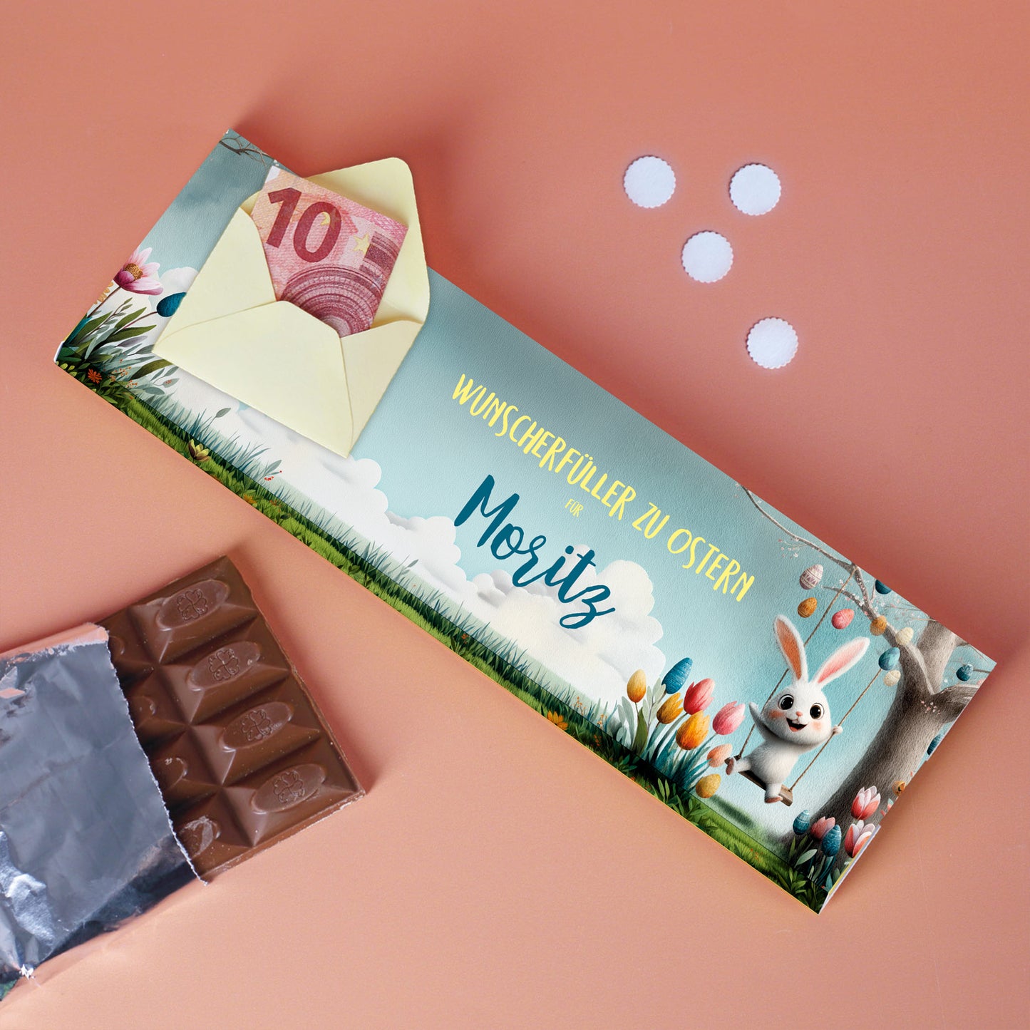 Personalisierte Osterschokolade mit Geldschein im Umschlag und Name Moritz, Geschenk zu Ostern