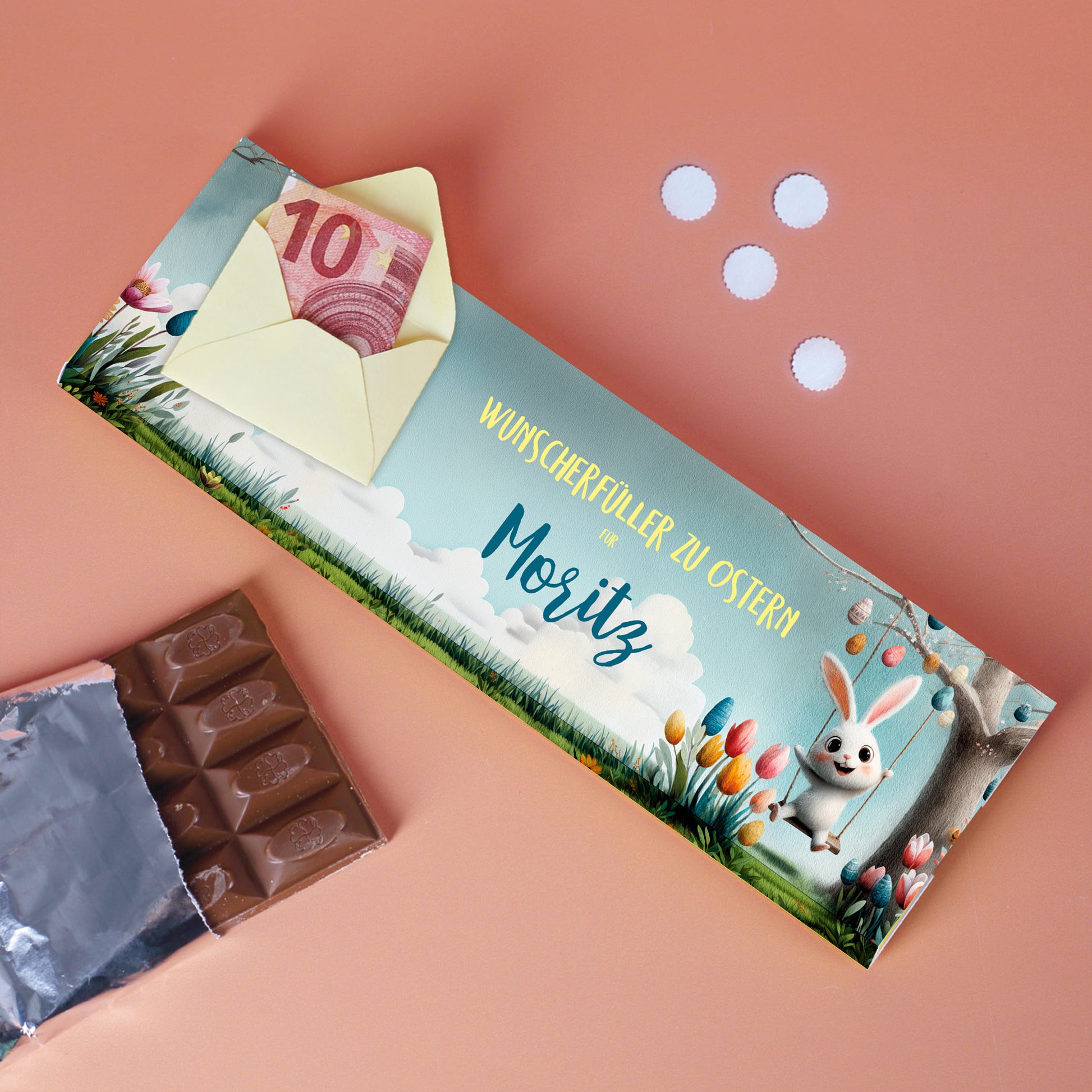 Personalisierte Osterschokolade mit Geldschein im Umschlag und Name Moritz, Geschenk zu Ostern