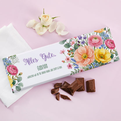 Personalisierte Schokolade mit Blumenmotiv, Gratulation, Name Laura und Wunschtext zur bestandenen Prüfung