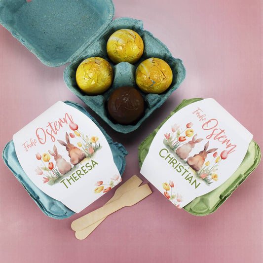Gefüllte Schokoeier als Ostergeschenk im personalisierten Karton