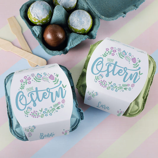 Schokoeier im Eierkarton "Frohe Ostern" personalisiert mit Wunschname | 4 Löffeleier