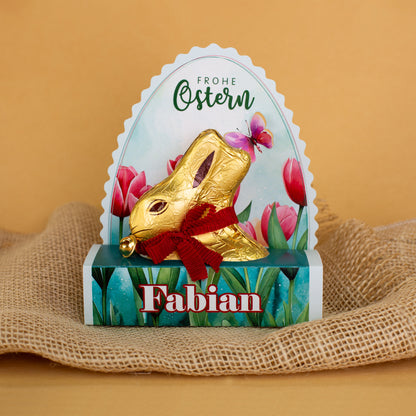 Lindt Goldhase in personalisierter Osterverpackung mit Wunschname "Frohe Ostern"