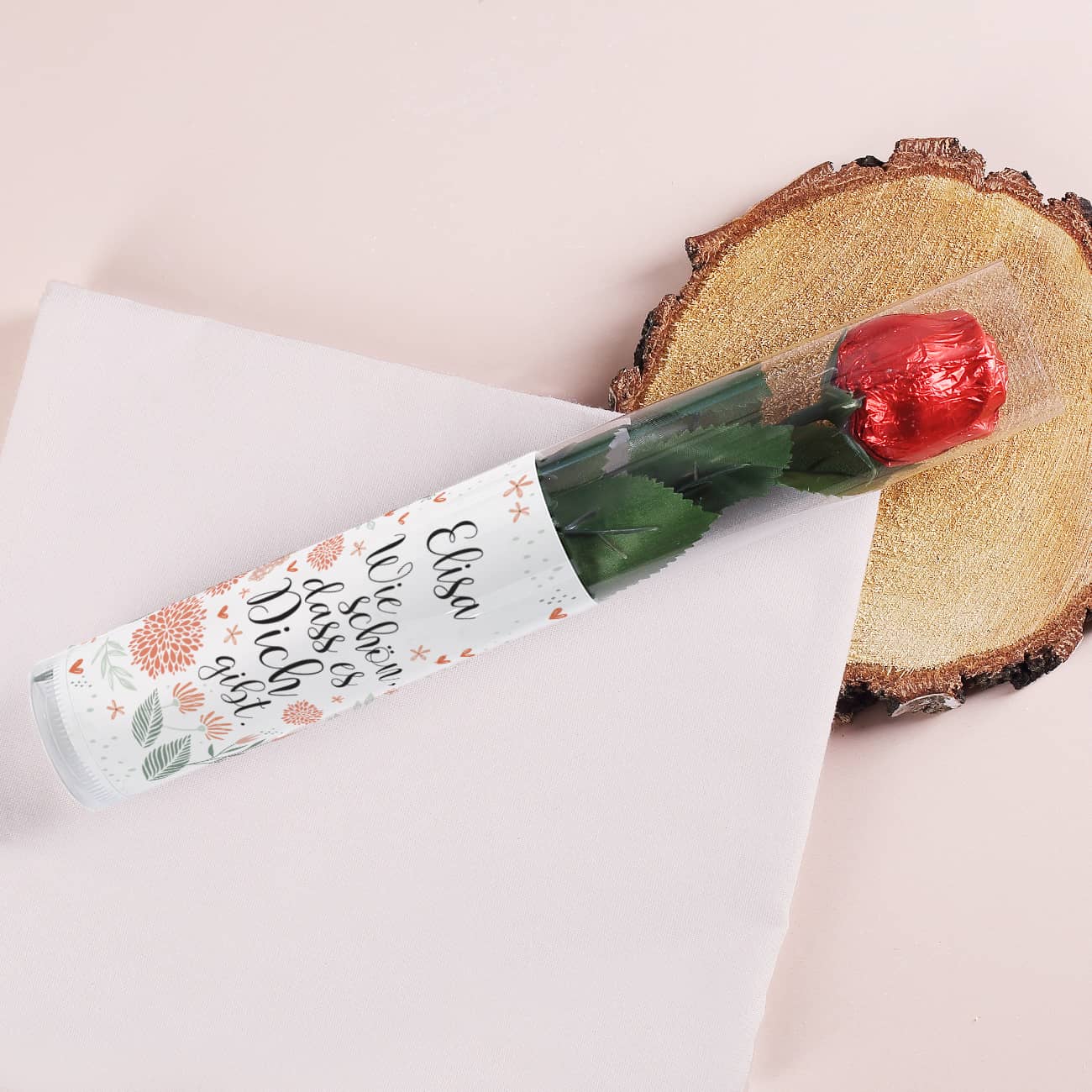 Wie schön, dass es Dich gibt! - Schokorose mit Name personalisiert