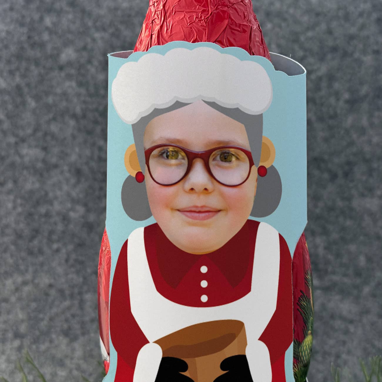 Schokoladen-Weihnachtsfrau mit Ihrem Foto