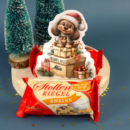 Mini Stollen mit Dackel Weihnachtsmotiv, Name Mia und Stollenriegel von Emil Reimann