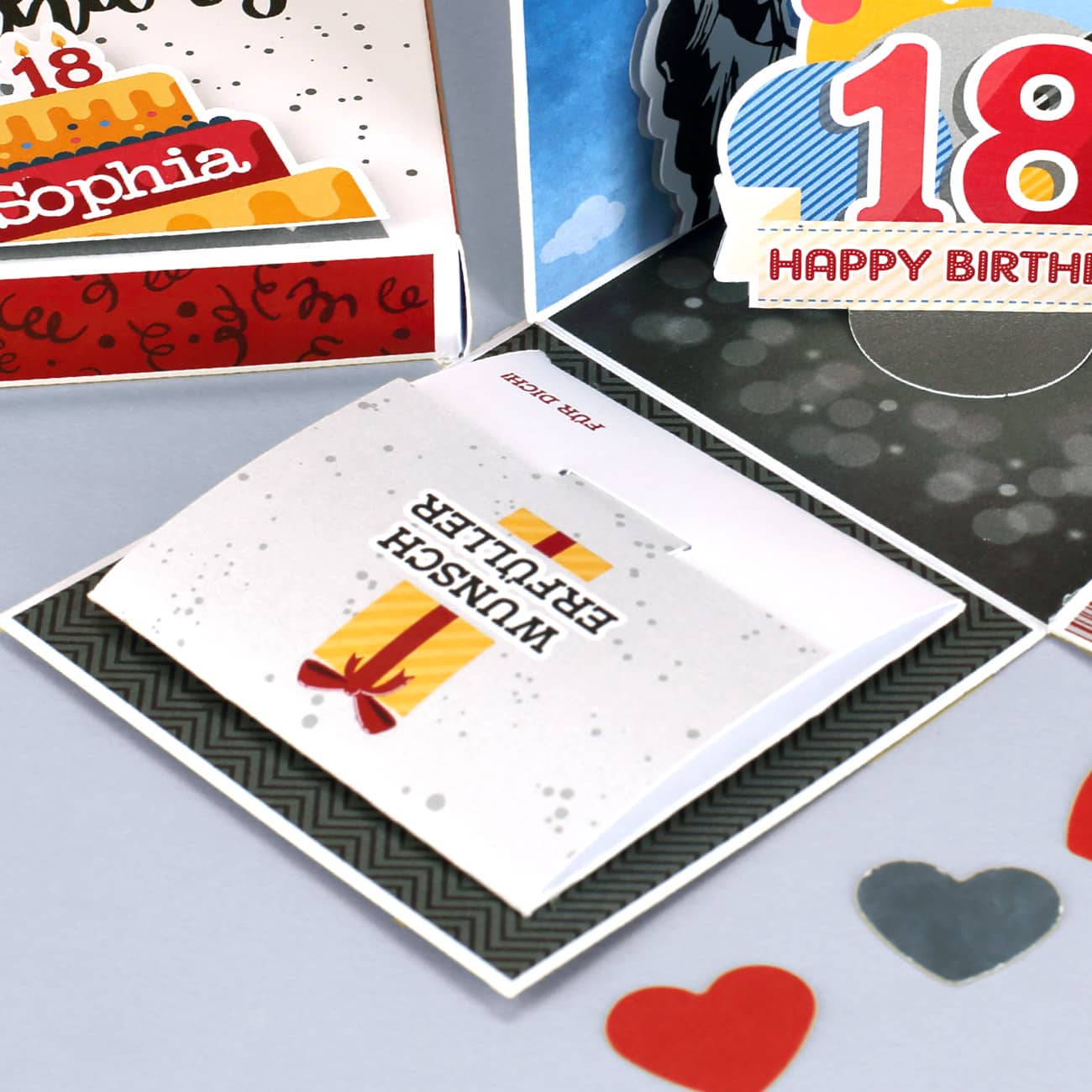 Happy Birthday 18 - Überraschungsbox mit Umschlag für Geld und Gutscheine