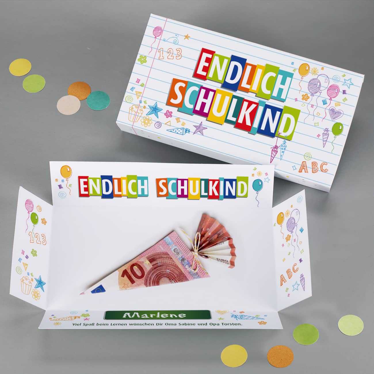 Endlich Schulkind - Box für Geldgeschenk zur Einschulung mit Name & Wunschtext