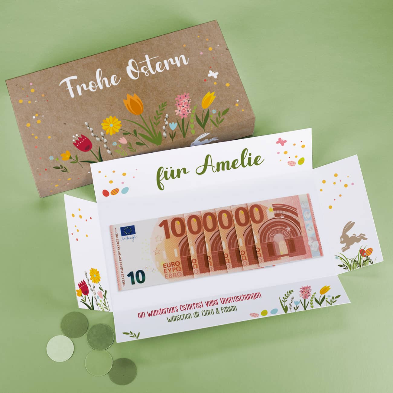 Geldgeschenk zu Ostern, Überraschungsbox mit Name und Text