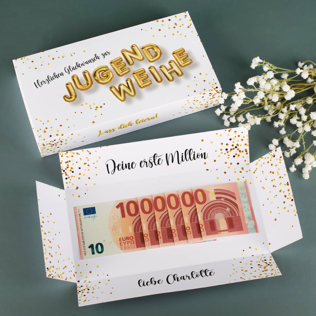 Erste Million - Geldgeschenk zur Jugendweihe, Explosionsbox mit Name