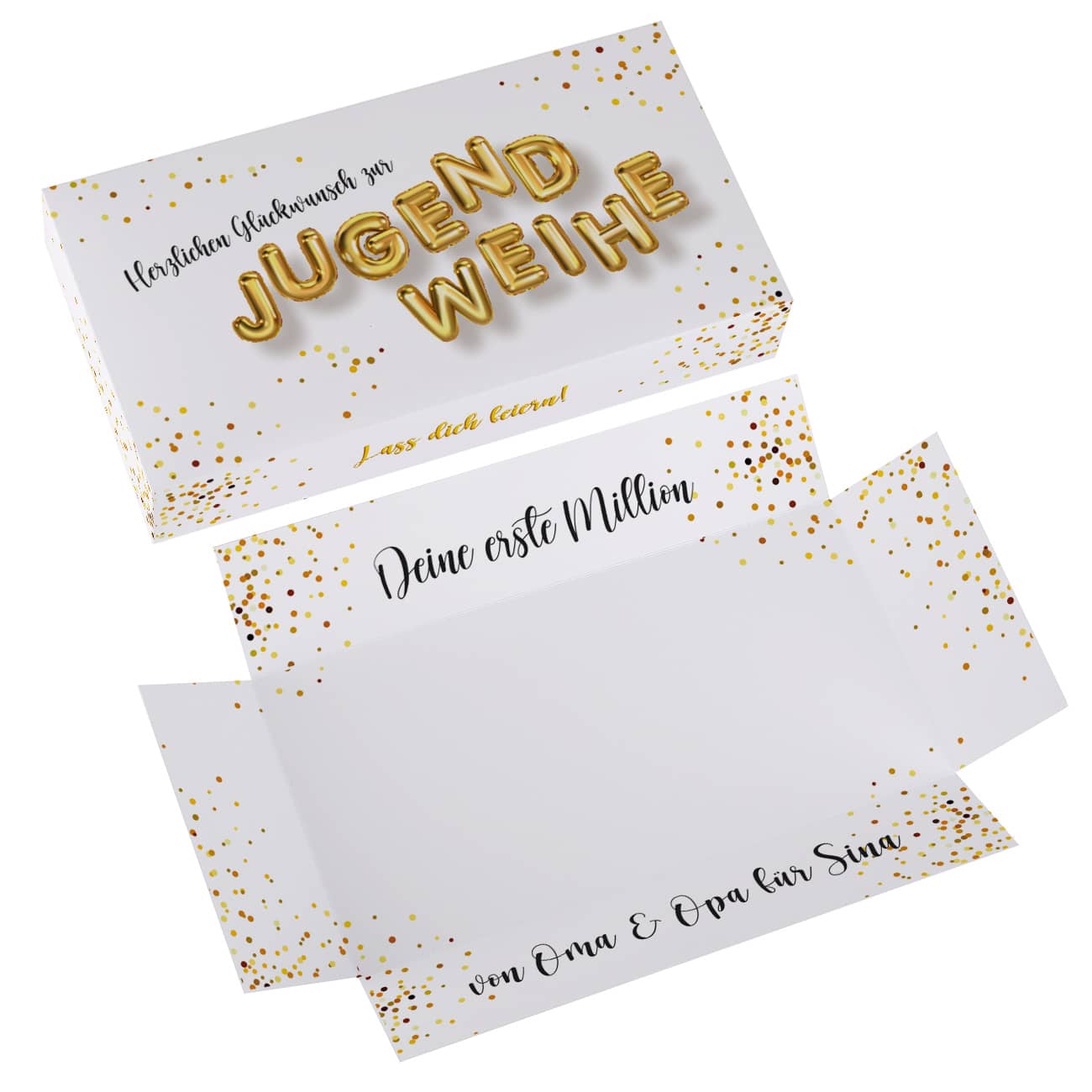 Geldgeschenk zur Jugendweihe, Explosionsbox mit Wunschtext