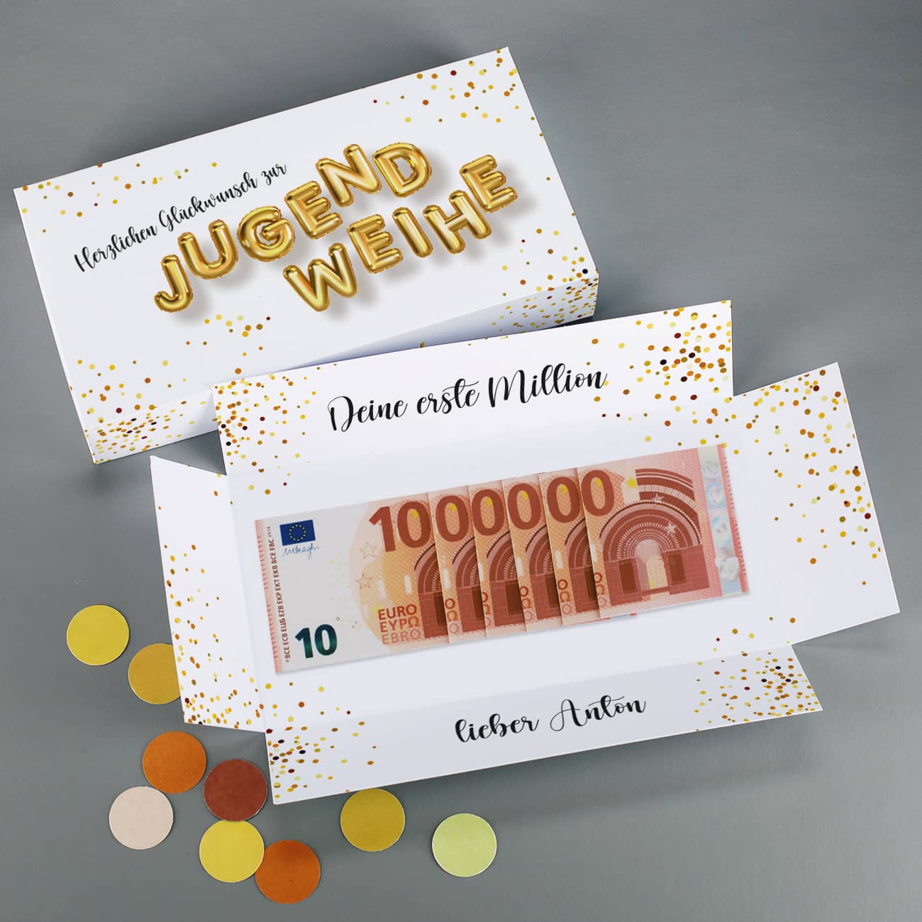 Erste Million - Geldgeschenk zur Jugendweihe, Explosionsbox mit Wunschtext