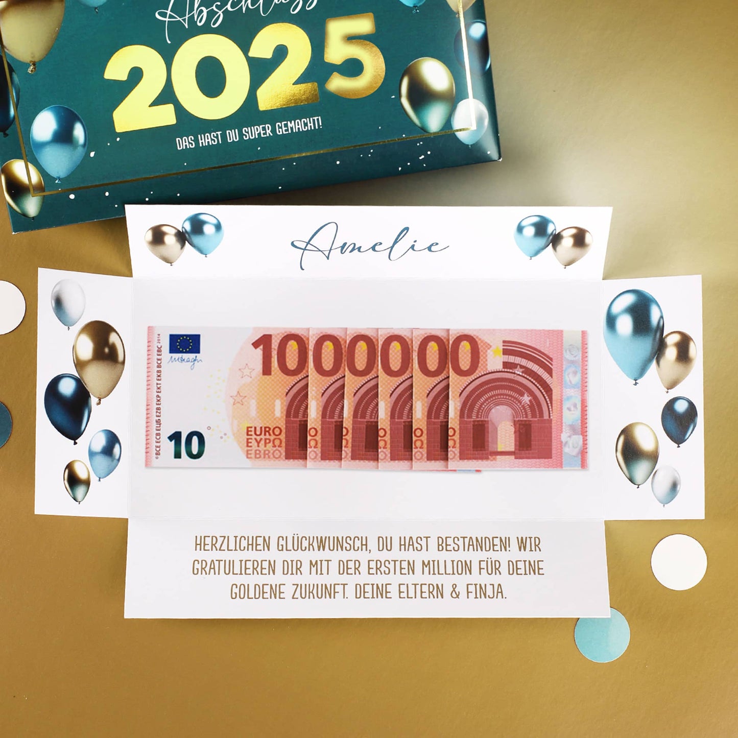 Geldgeschenk zum Abitur 2024 - edle Box mit Goldprägung, Name & Wunschtext