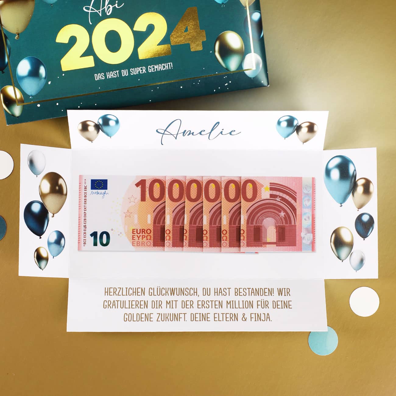 Geldgeschenk zum Abitur 2024 - edle Box mit Goldprägung, Name & Wunschtext