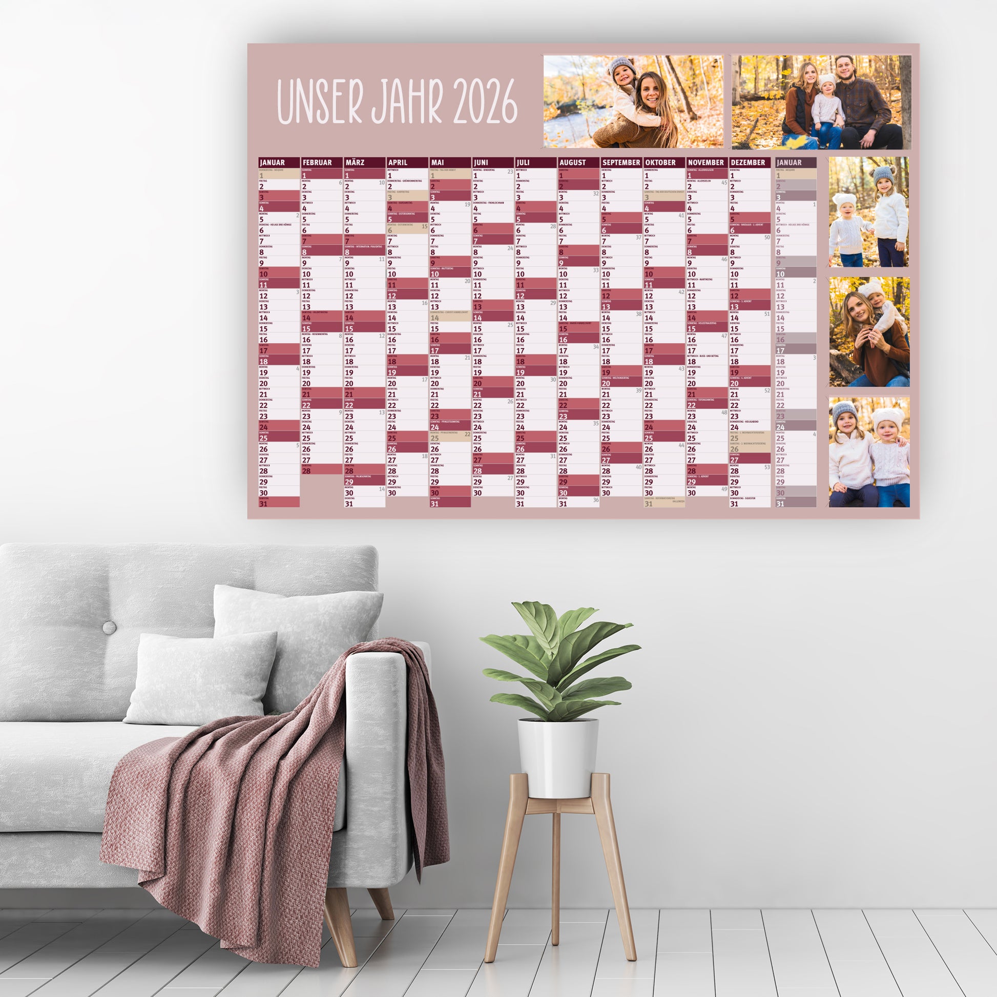 Fotowandkalender für 2026 in Rosa mit Wunschtext, individuellen Fotos und großem Jahresüberblick.