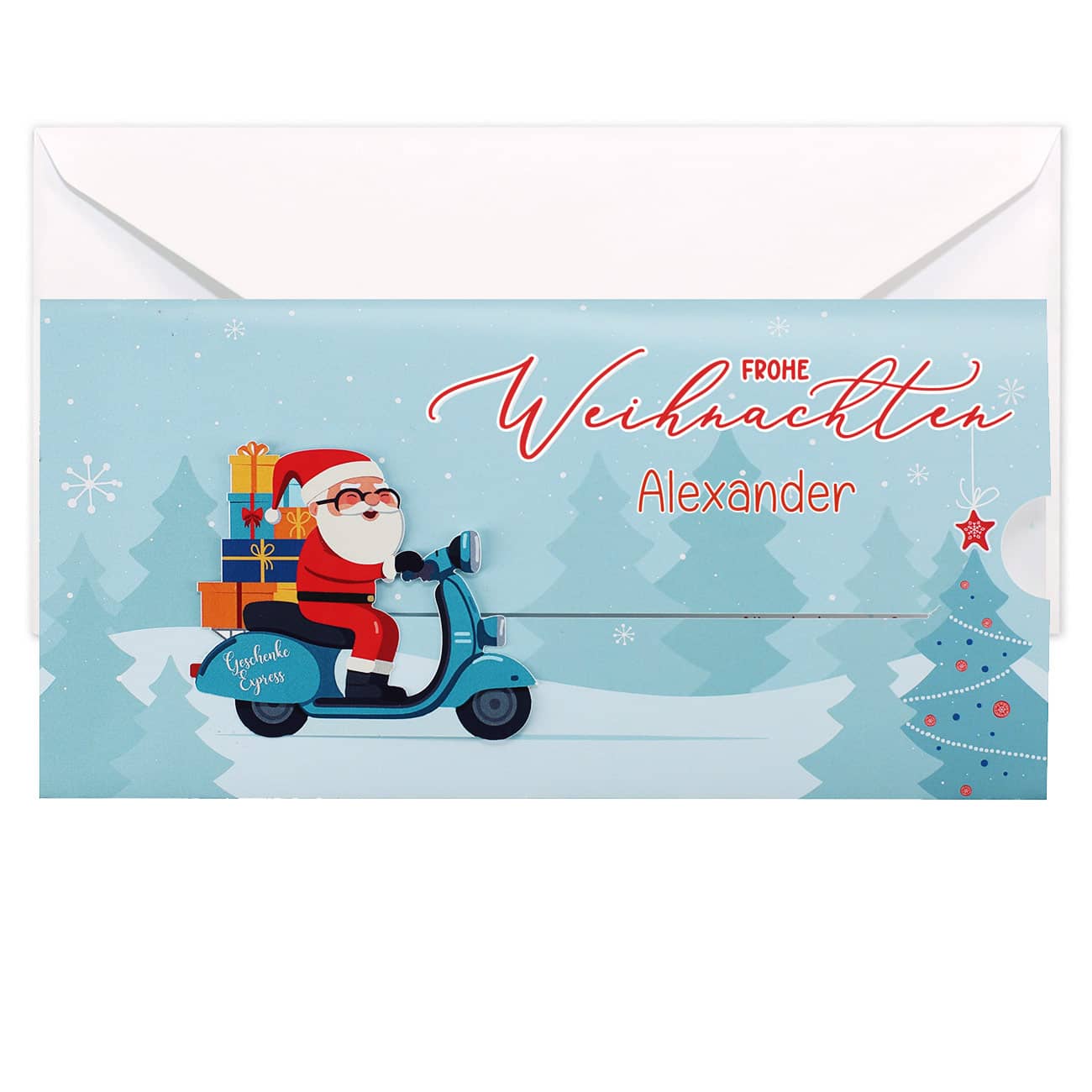 Ziehkarte mit Weihnachtsmann auf Scooter - für Ihre Geldgeschenke zum Fest