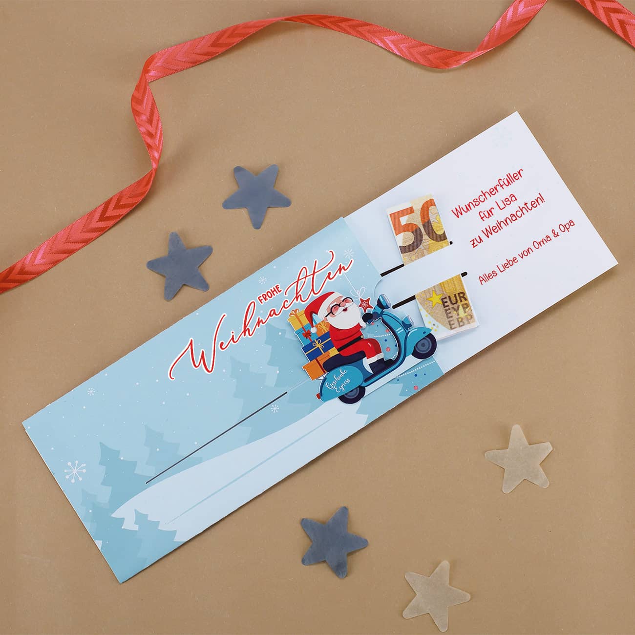 Ziehkarte mit Weihnachtsmann auf Vespa - für Ihre Geldgeschenke zum Fest