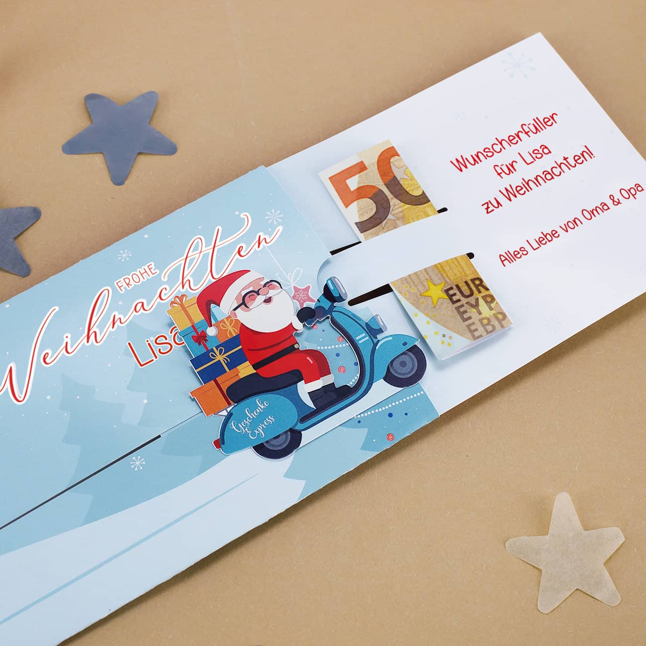 Ziehkarte mit Weihnachtsmann - für Ihre Geldgeschenke zu Weihnachten