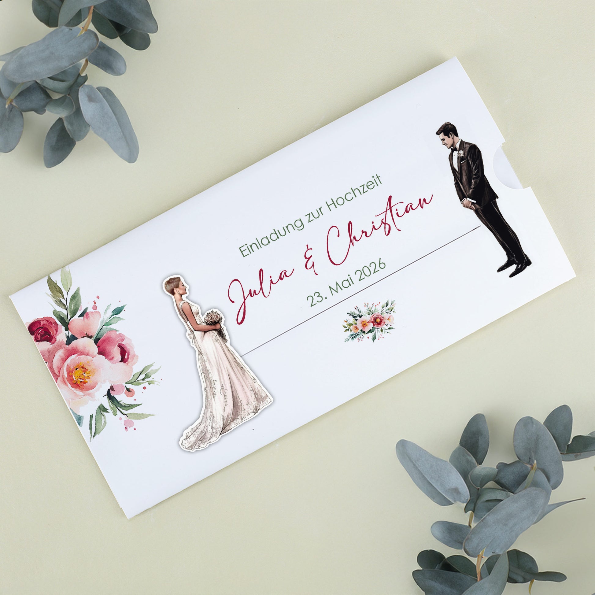 Ziehkarte mit Braut mit Kurzhaarfrisur als Hochzeitseinladung