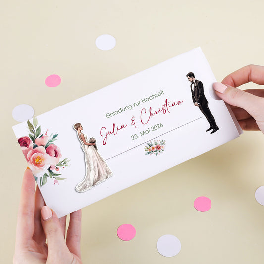 Hochzeitseinladung Ziehkarte mit Braut mit Kurzhaarfrisur