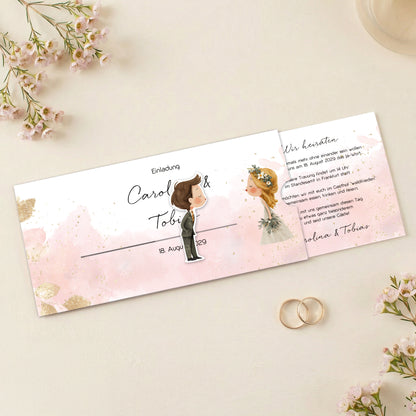 Hochzeits Ziehkarte leicht geöffnet, Braut und Bräutigam bewegen sich beim Ziehen aufeinander zu