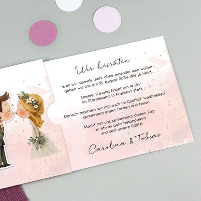 Innenseite der Ziehkarte zur Hochzeit mit sichtbar werdendem Einladungstext beim Herausziehen