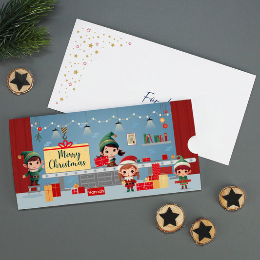Geldgeschenk zu Weihnachten - Ziehkarte mit Wichtelwerkstatt & Wunschtext