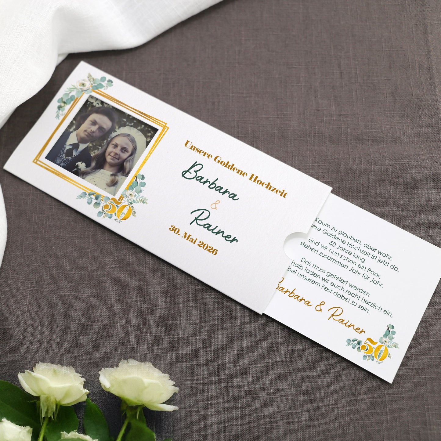 Hochzeitseinladung - Ziehkarte mit zwei Fotos zur Goldhochzeit mit Wunschdaten