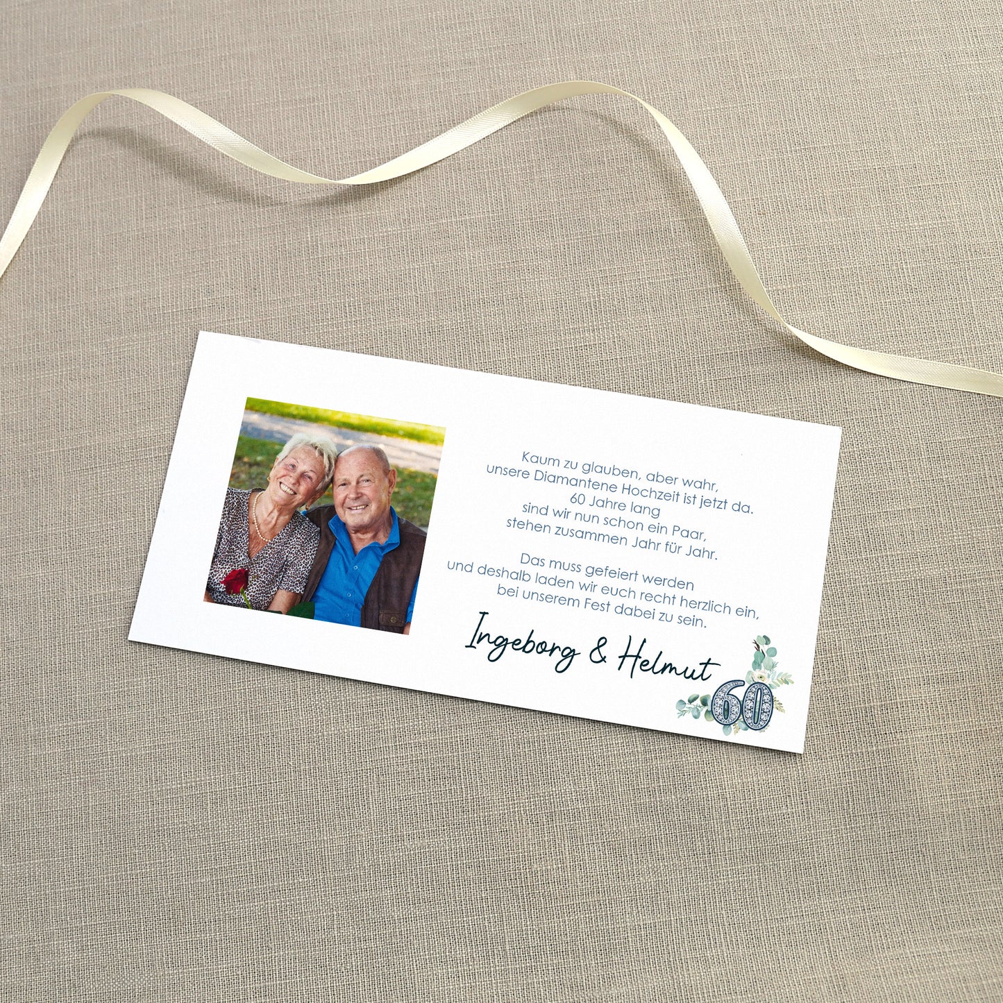 Hochzeitseinladung - Ziehkarte mit zwei Fotos zur Diamantenen Hochzeit mit Wunschdaten