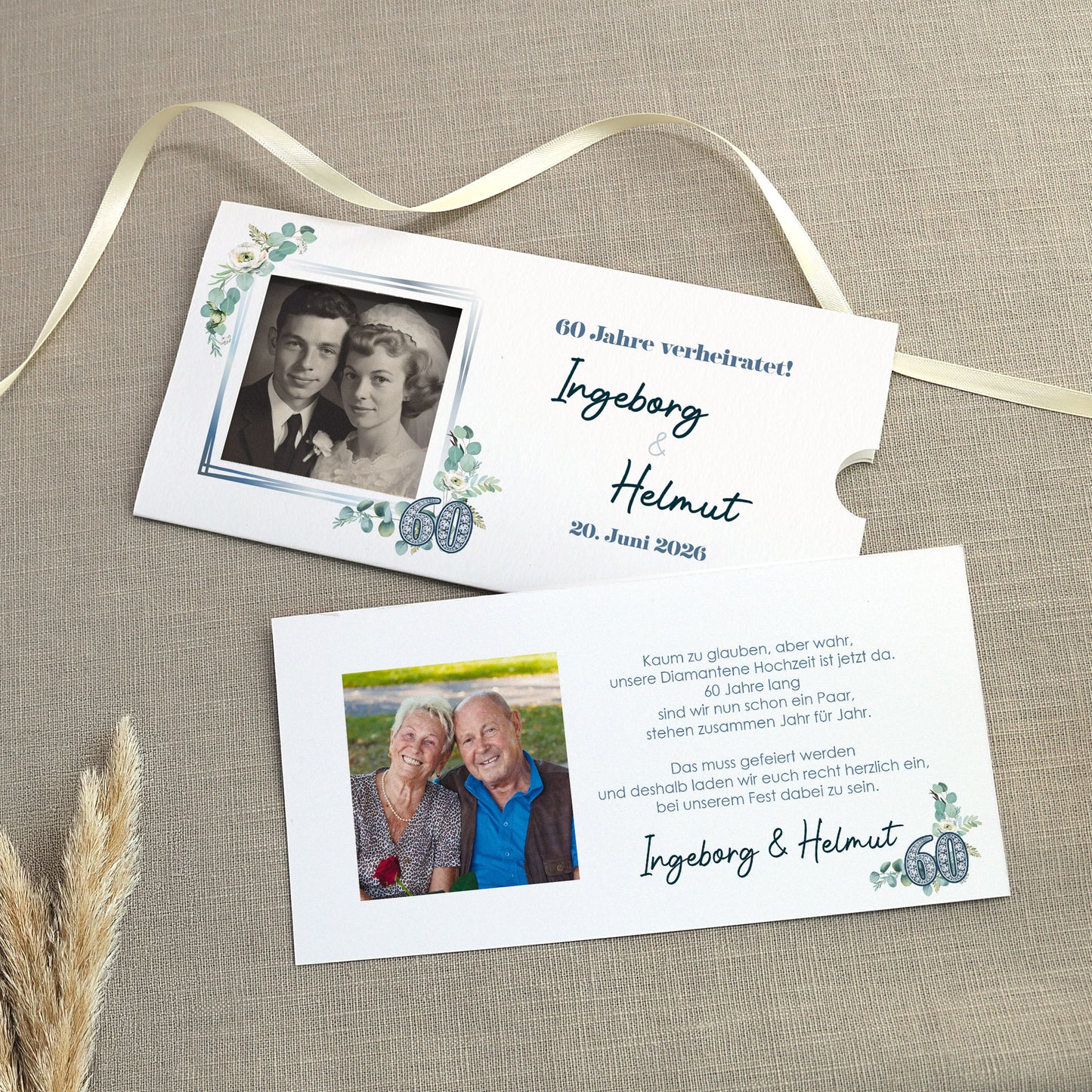 Hochzeitseinladung - Ziehkarte mit zwei Fotos zur Diamantenen Hochzeit mit Wunschdaten