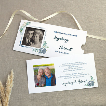 Hochzeitseinladung - Ziehkarte mit zwei Fotos zur Diamantenen Hochzeit mit Wunschdaten