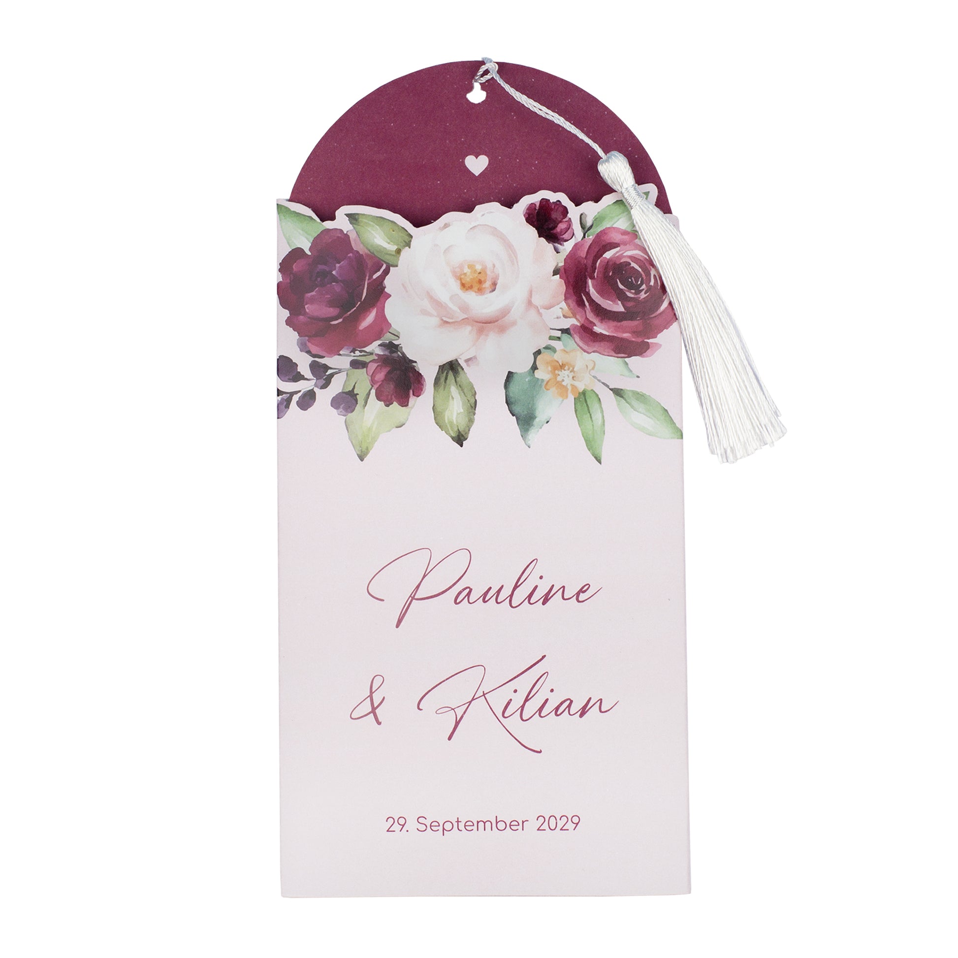 Ziehkarte Hochzeit auf weißem Hintergrund, Vorderseite mit Blumenmotiv und Quaste