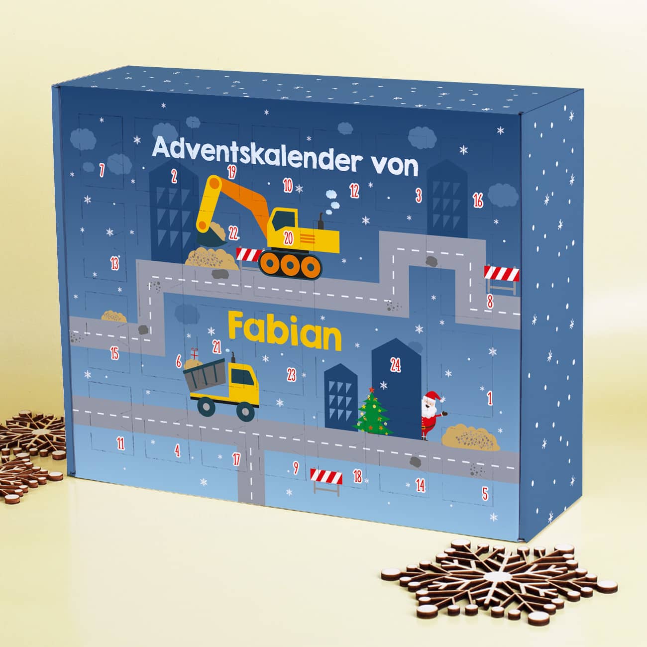 Adventskalender zum Befüllen mit Bagger, Baustelle, Wunschtext und Name