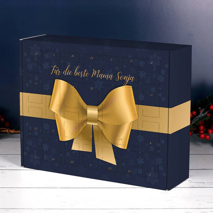 Adventskalender in blau mit goldener Schleife