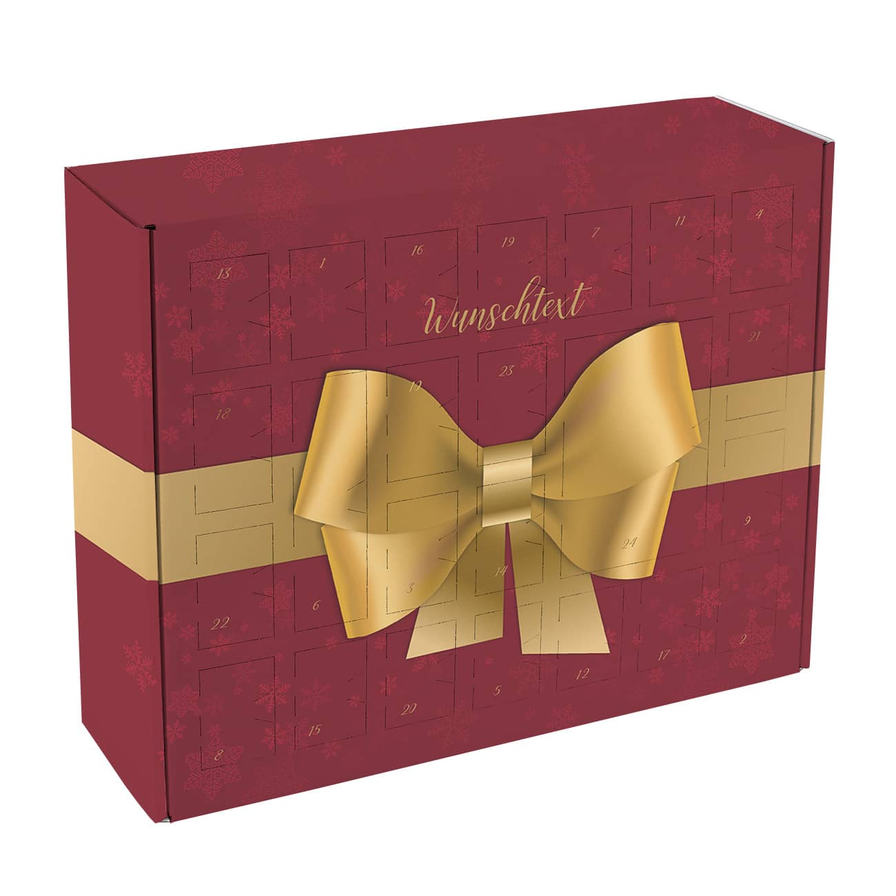 Adventskalender in rot mit goldener Schleife