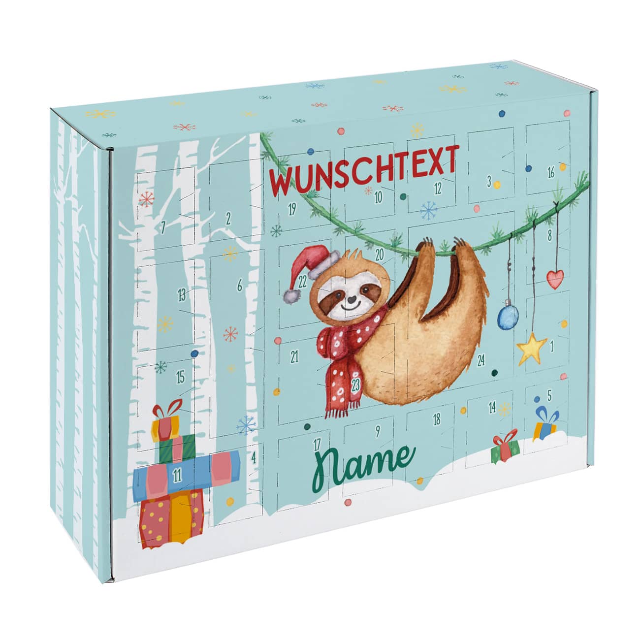 Faultier - Adventskalender zum selbst Befüllen mit Ihrem Wunschtext bedruckt