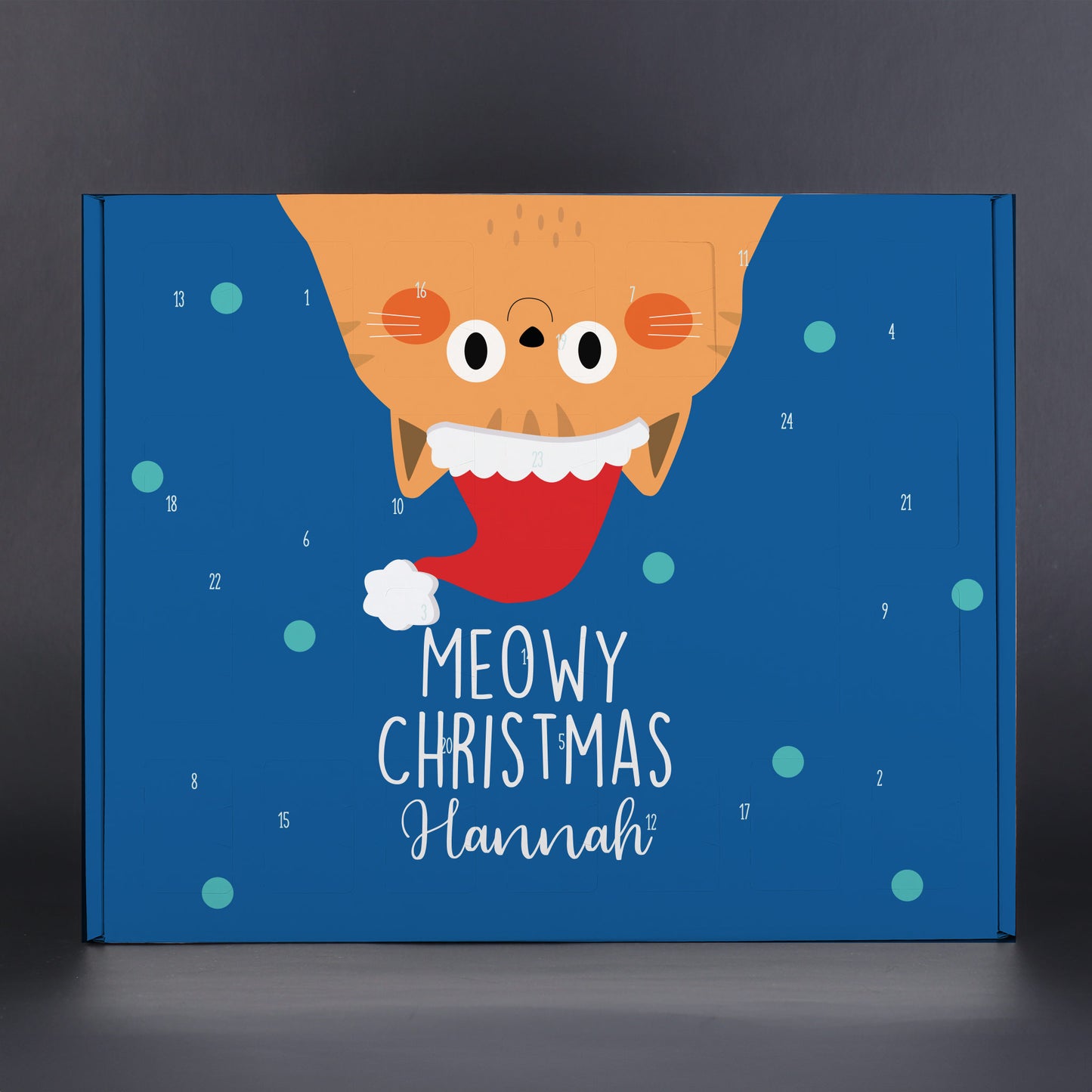 Adventskalender Meowy Christmas mit Katzenmotiv und Name Hannah auf blauem Hintergrund