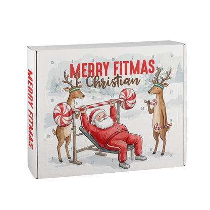 1. Adventskalender mit Name personalisiert und Merry Fitmas Motiv für Männer und Frauen mit Fitness Humor