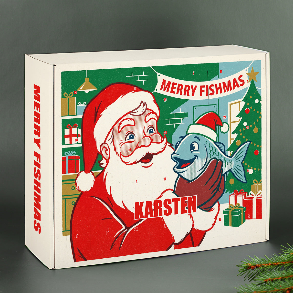 Personalisierter Adventskalender für Angler mit Name Karsten und Merry Fishmas Motiv
