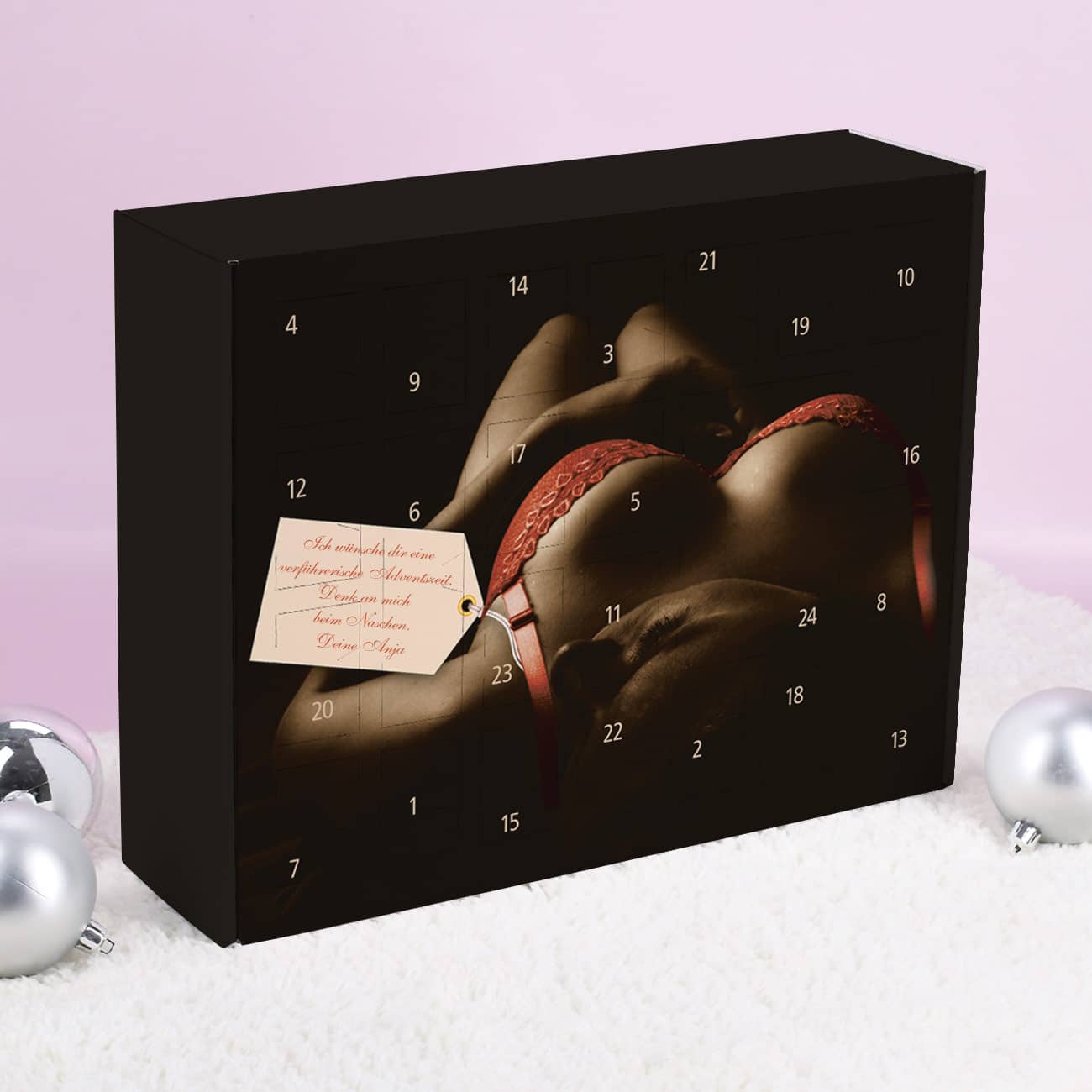 heißer Adventskalender mit halbnackter Frau in Unterwäsche wird mit Wunschtext bedruckt und kann selbst befüllt werden