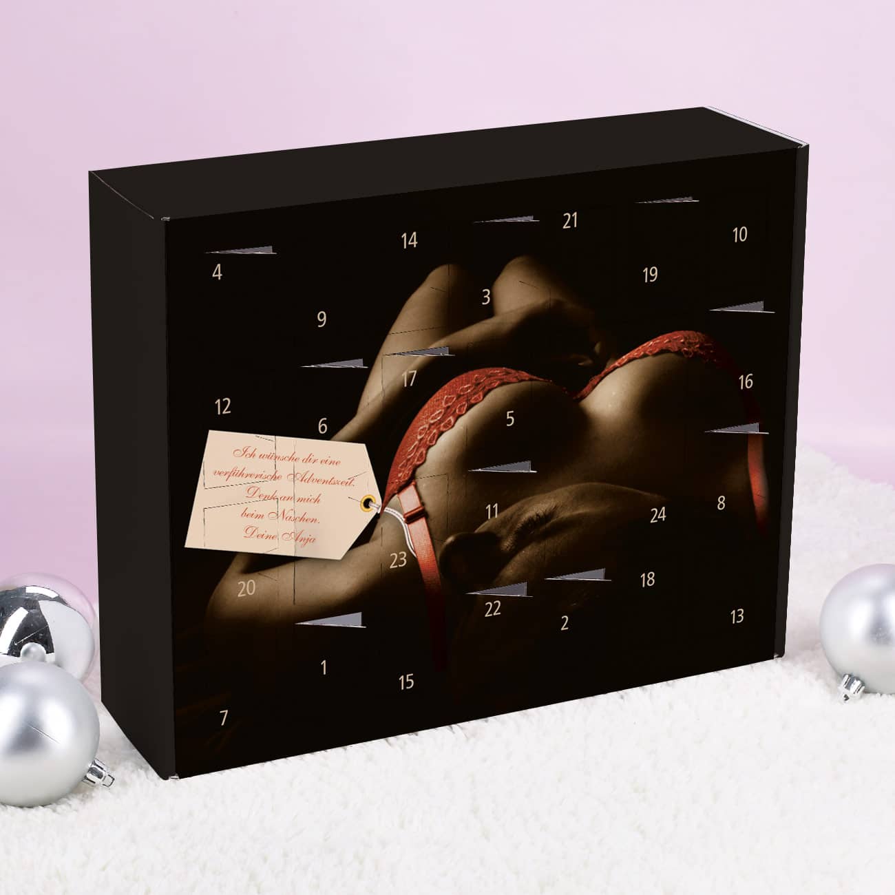 sexy Adventskalender bedruckt mit halbnackter liegender Frau und Wunschtext kann selbst befüllt werden